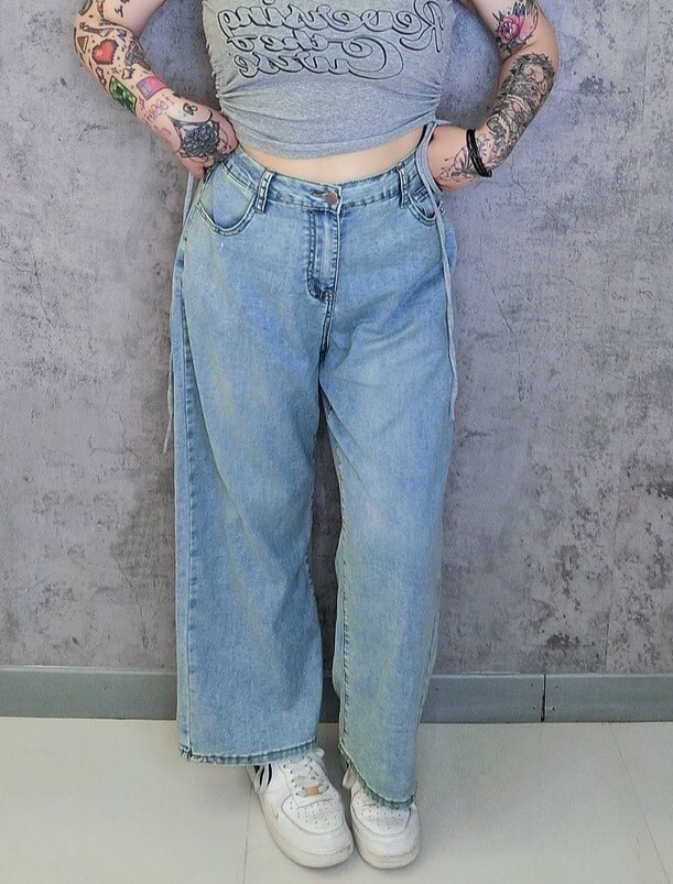 復古刷色造型口袋牛仔寬褲