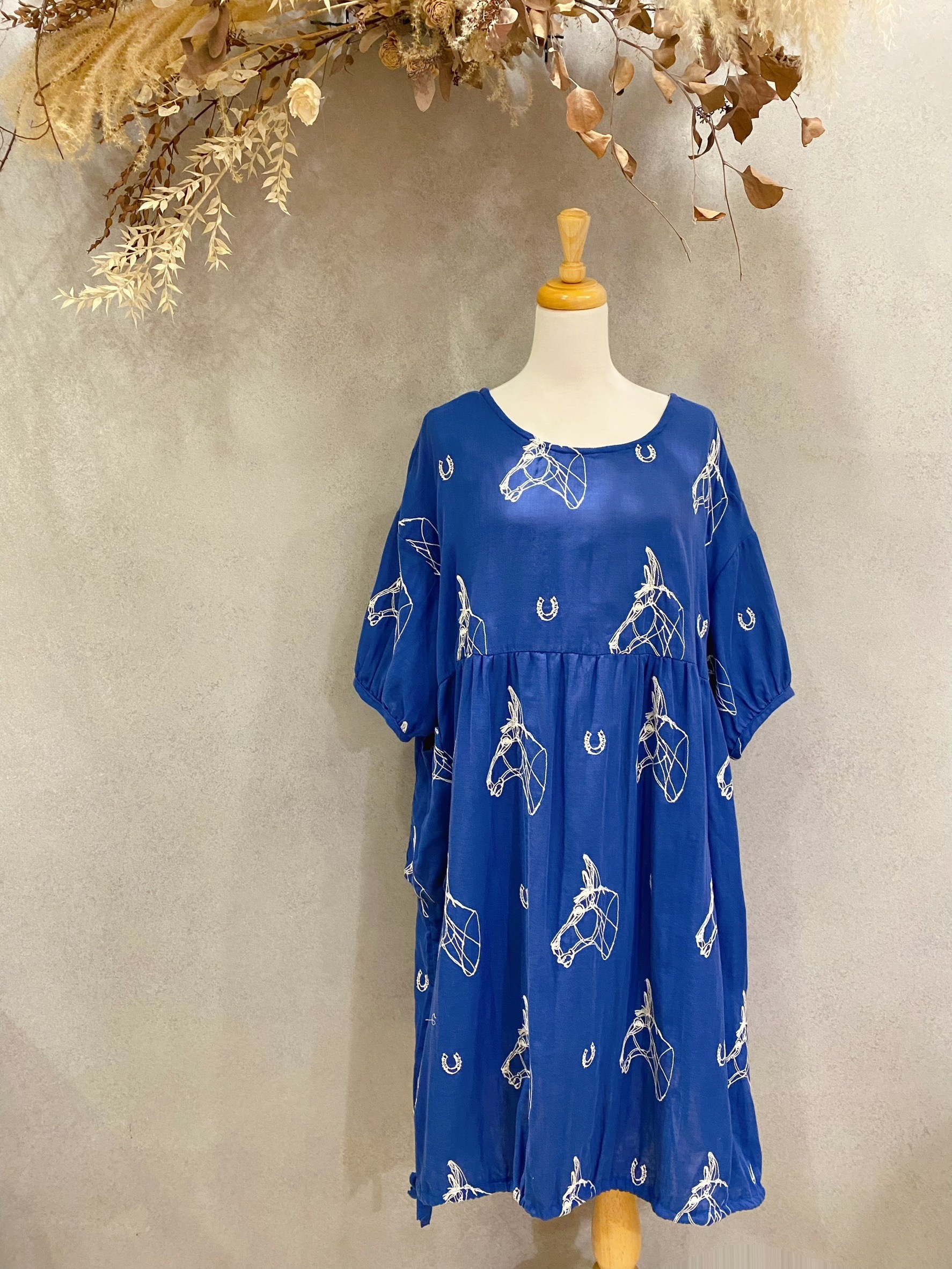 深藍刺繡馬 媽咪森林氣球洋裝