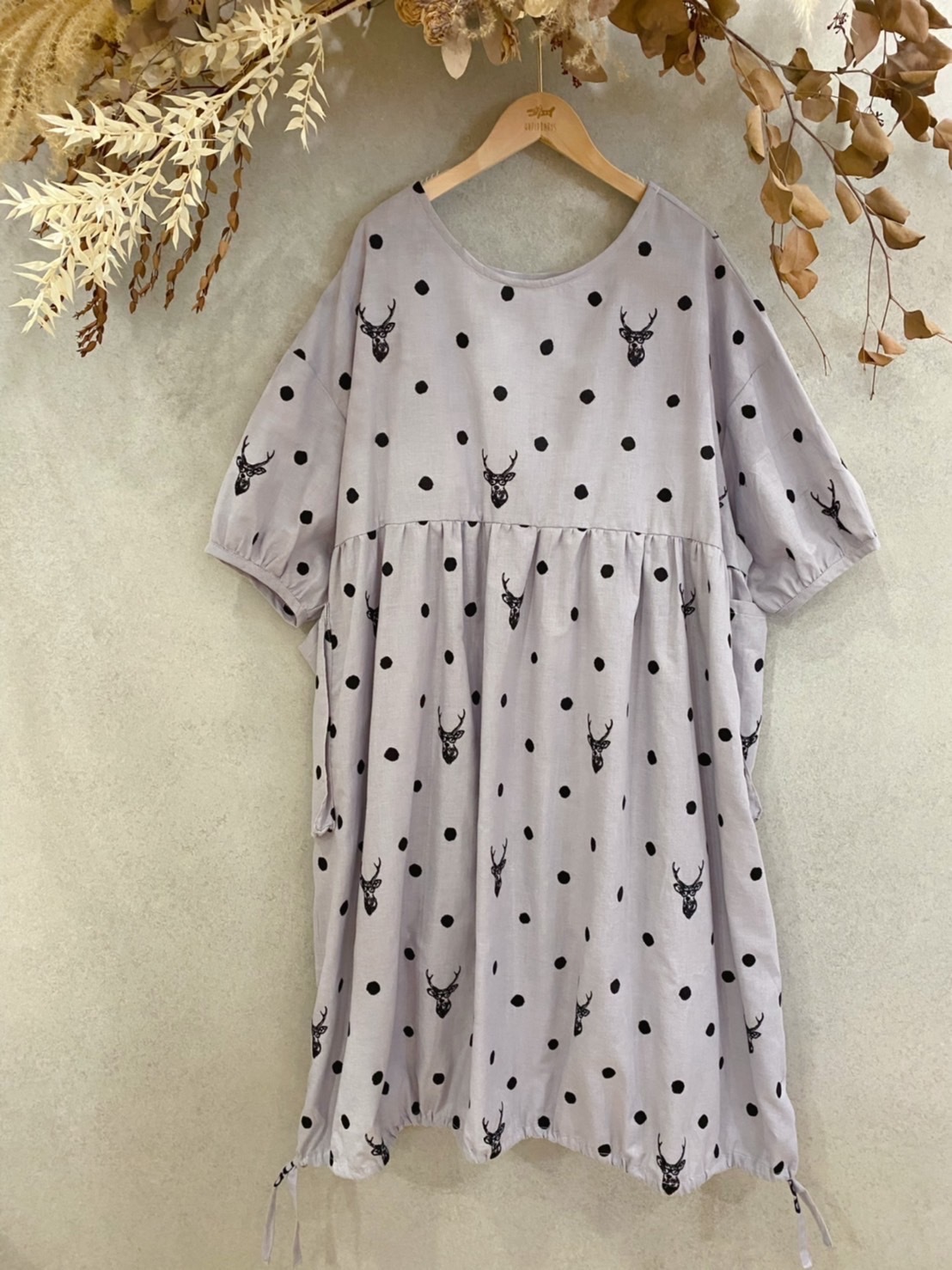 灰刺繡鹿頭 媽咪森林氣球洋裝