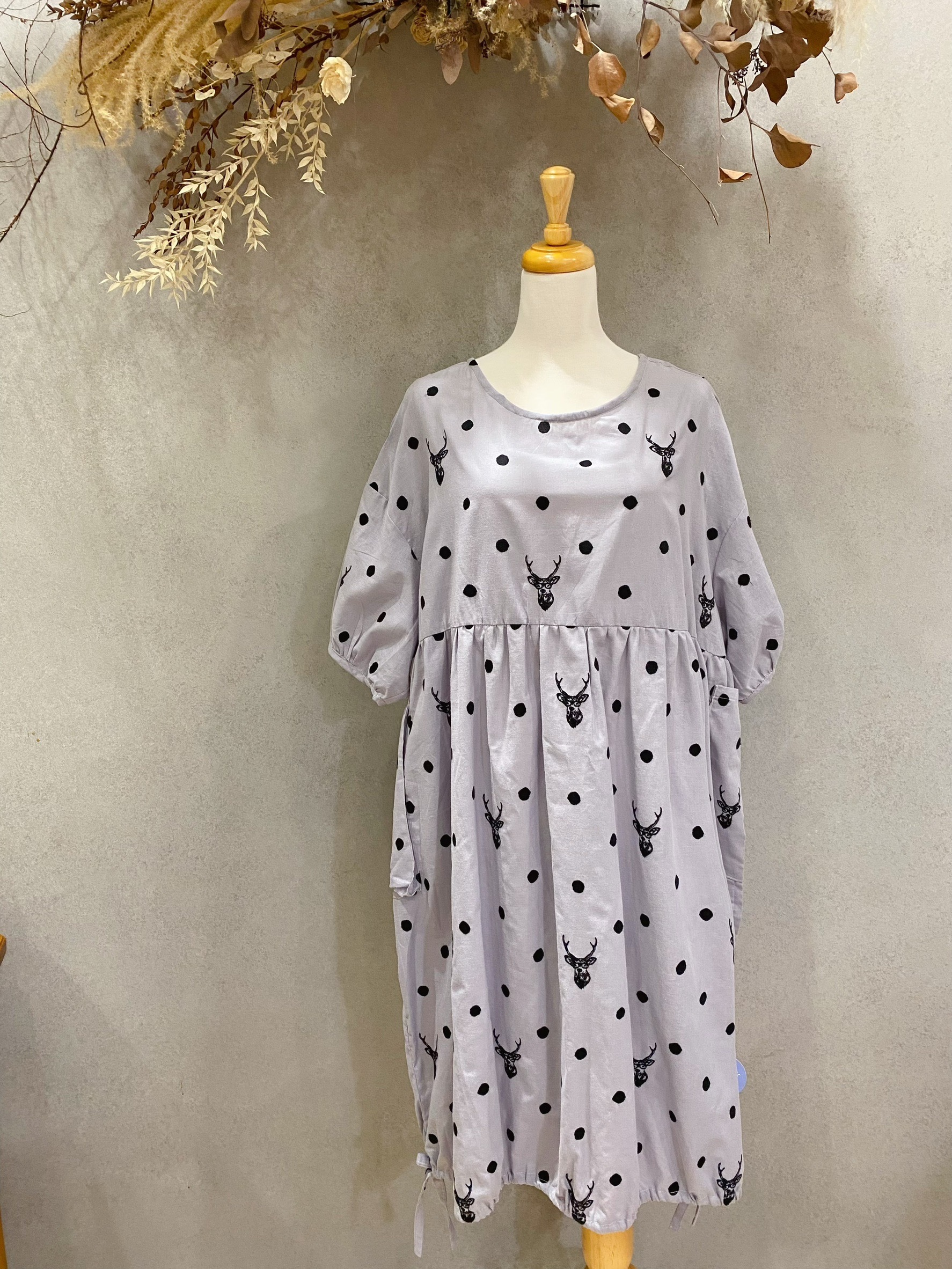 灰刺繡鹿頭 媽咪森林氣球洋裝