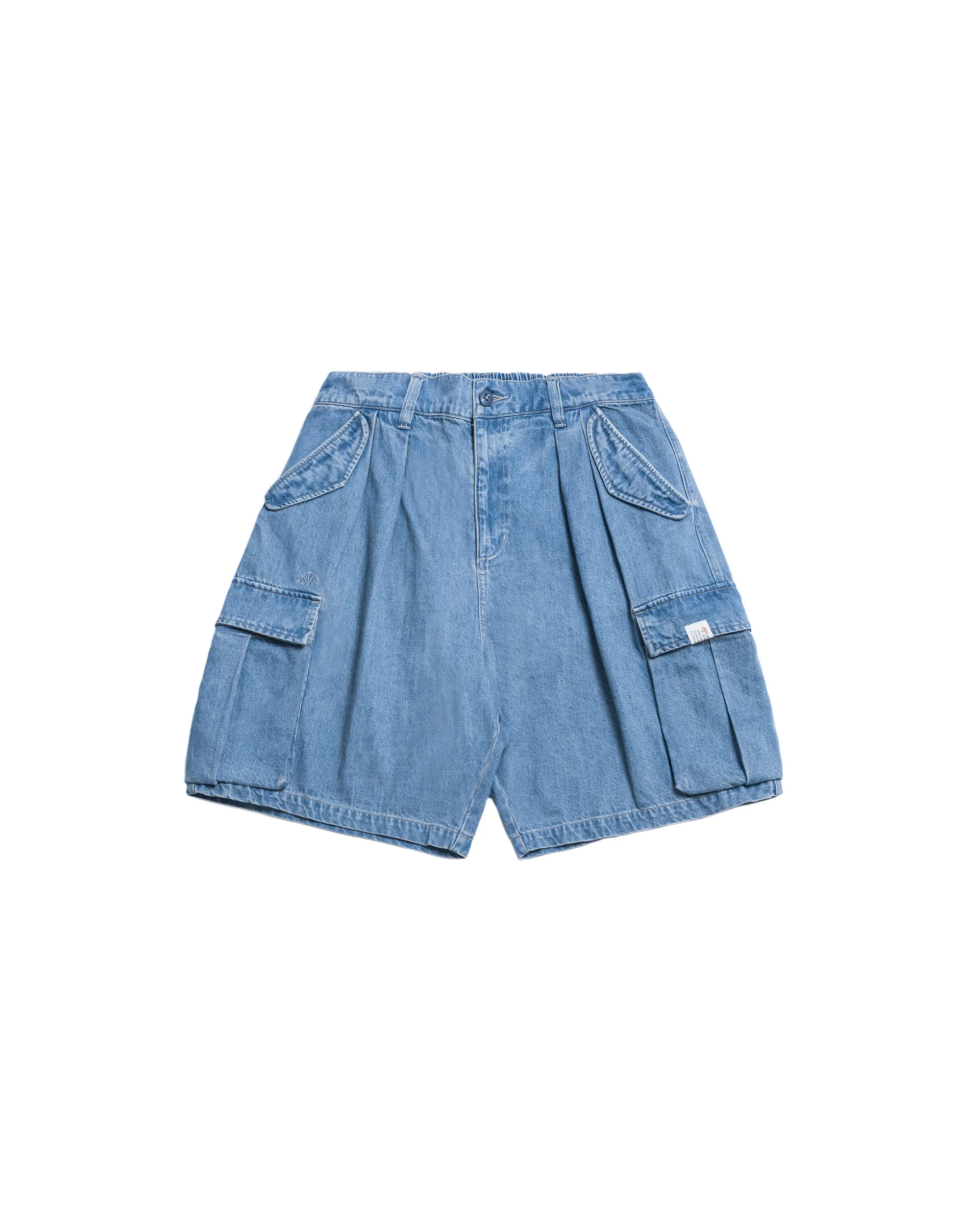 PERSEVERE WASHED DOUBLE-PLEATED CARGO SHORTS - WASHED DENIM BLUE