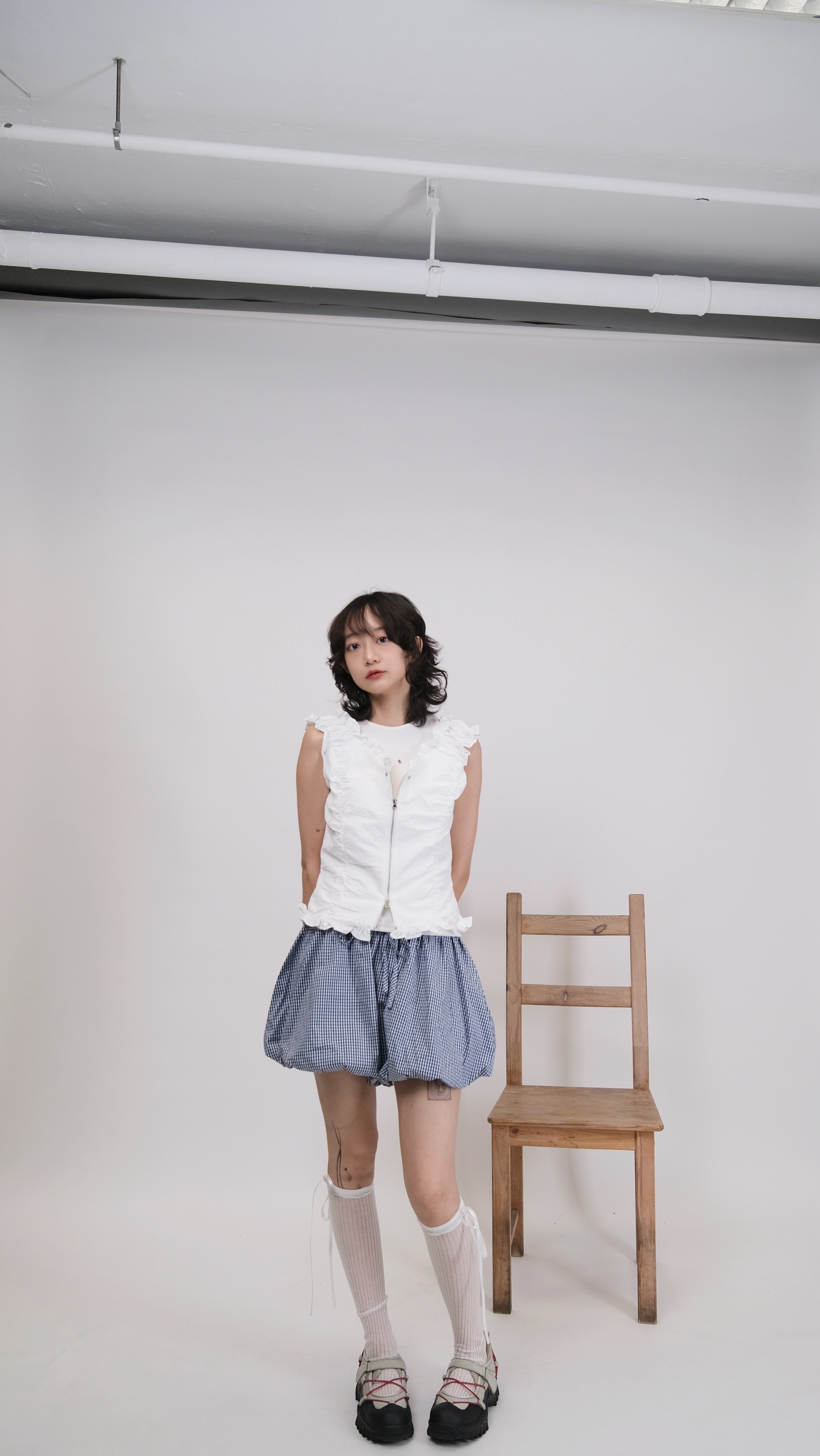 藍格子波波型短褲