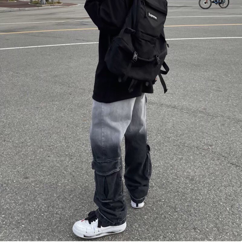 水洗漸層工裝牛仔寬褲