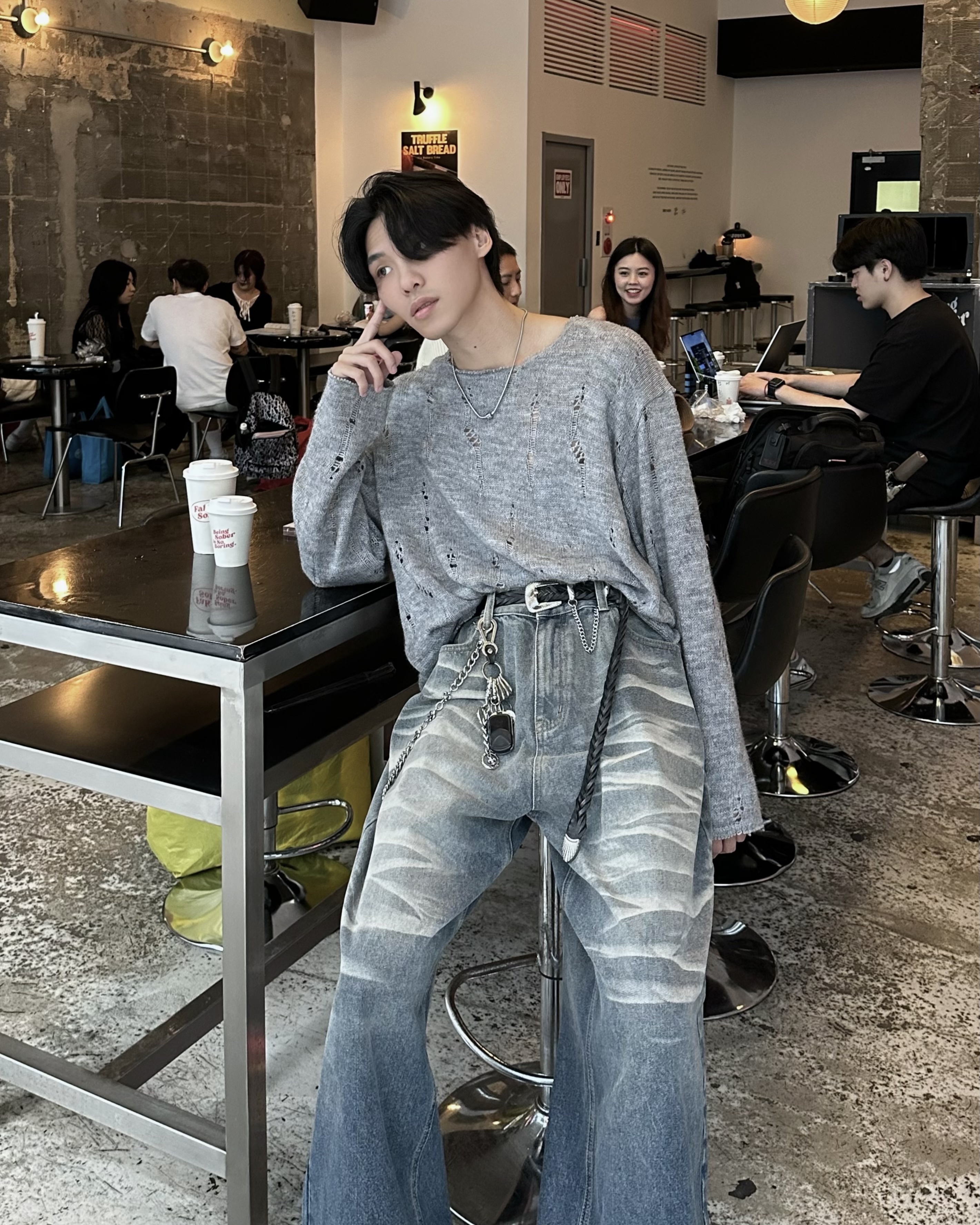 𝐇·𝐓·𝐒 韓國 空洞軌跡 不規則 破壞 親膚感 素面 針織 打底 薄長袖