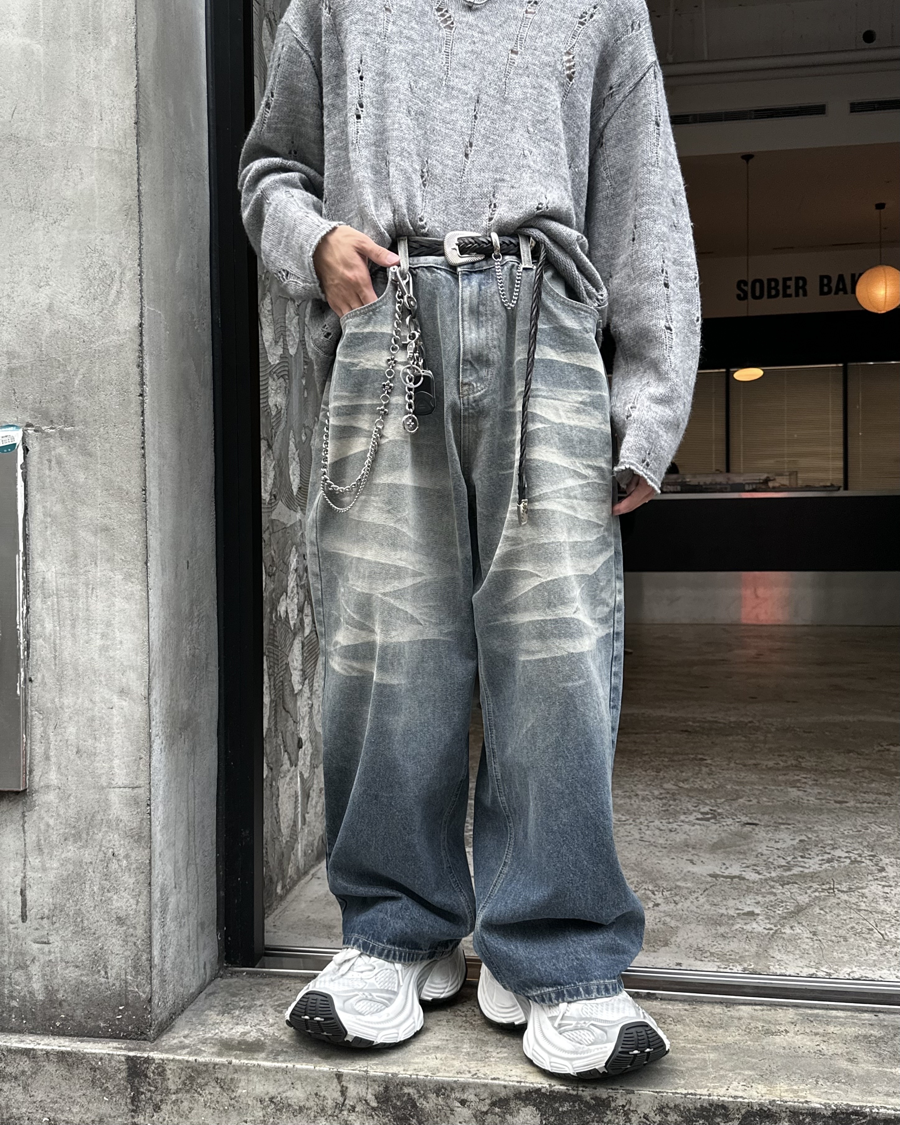 𝐇·𝐓·𝐒 韓國 獸紋褪色 抓痕 不規則 紋路 漸層水洗 寬鬆 落地 牛仔長褲