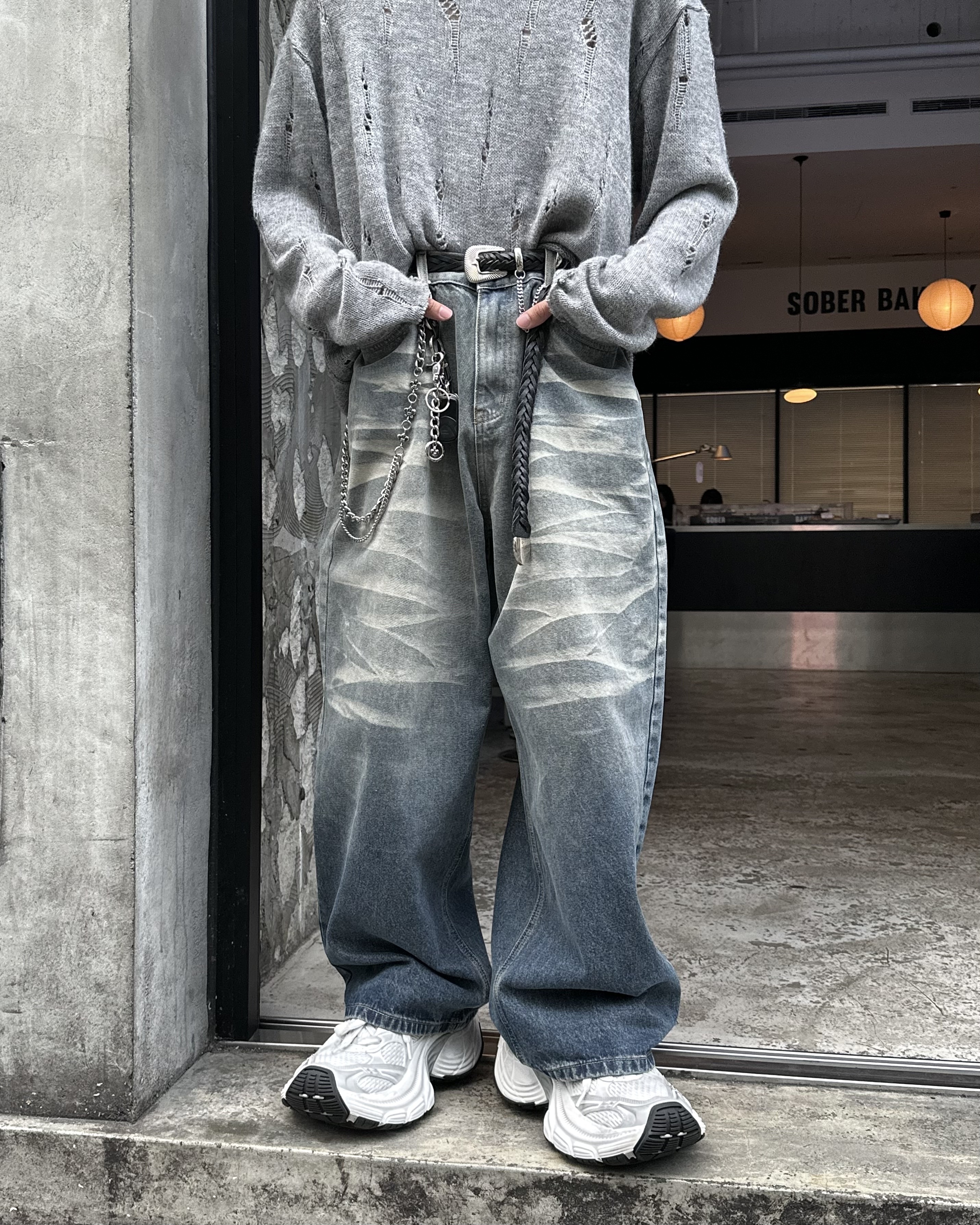 𝐇·𝐓·𝐒 韓國 獸紋褪色 抓痕 不規則 紋路 漸層水洗 寬鬆 落地 牛仔長褲