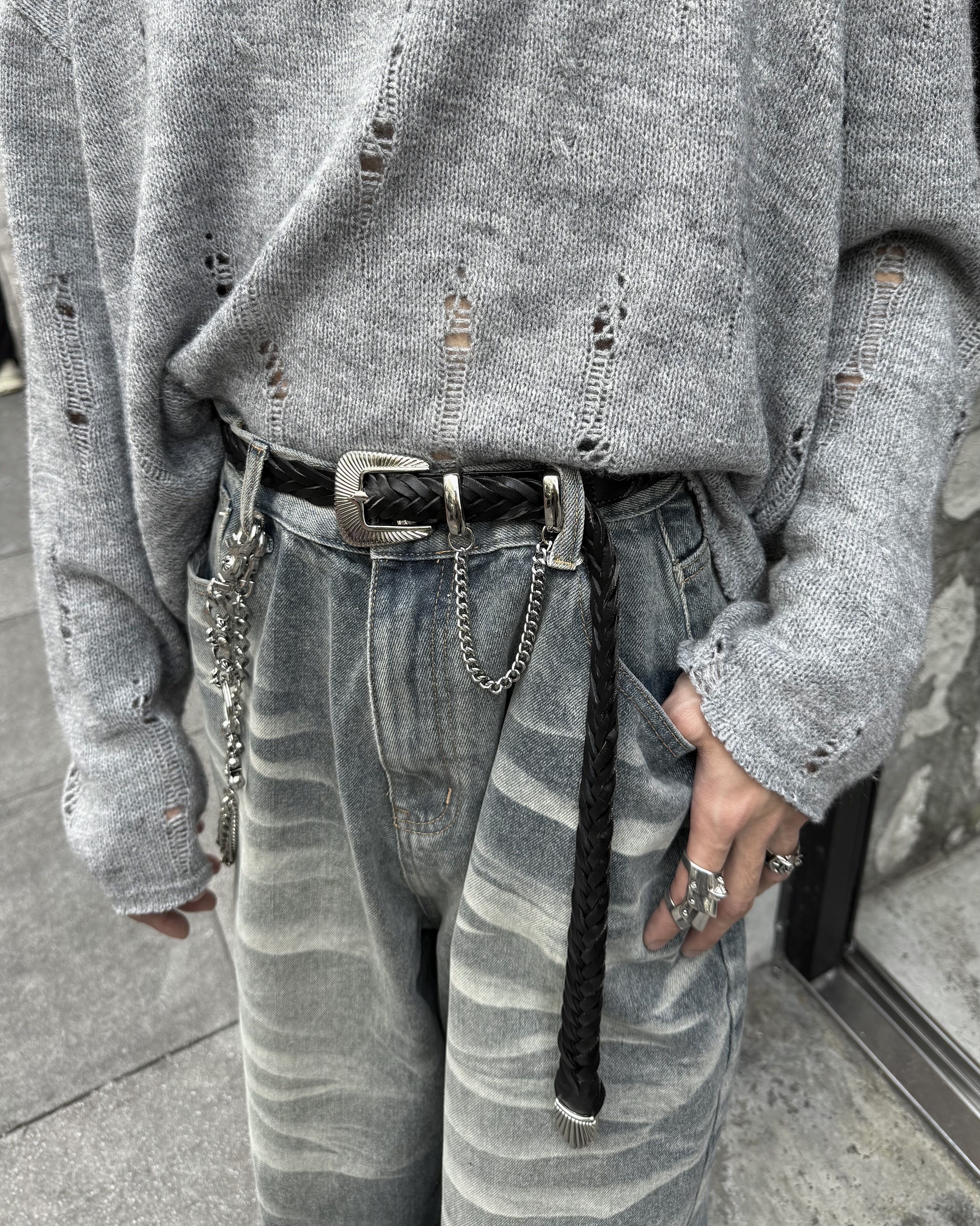 𝐇·𝐓·𝐒 韓國 貝殼頭 金屬亮面 串練設計 針織 編織 真皮 腰帶 皮帶