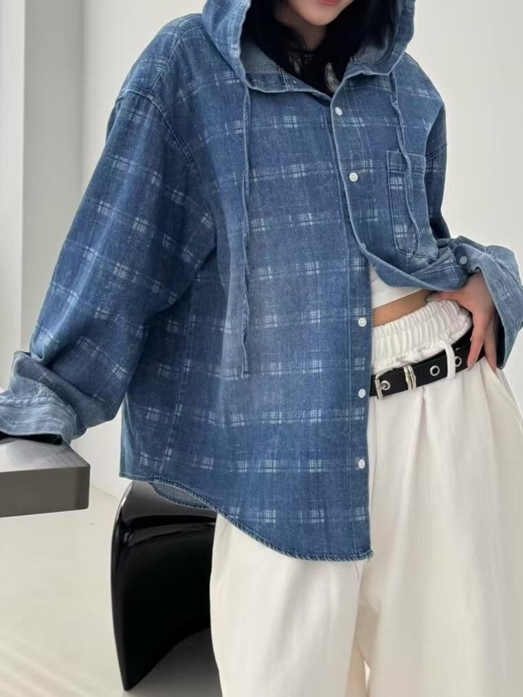 洗水格紋連帽牛仔長袖恤衫 Seeot-029S