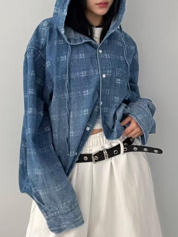 洗水格紋連帽牛仔長袖恤衫 Seeot-029S