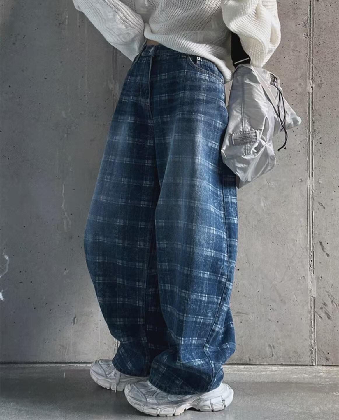 洗水格紋鬆身牛仔褲 Seeot-030P