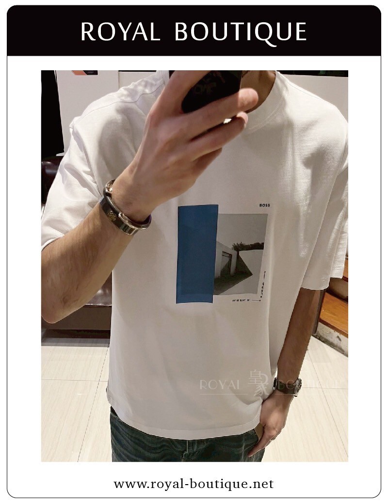 BOSS 胸前相片交錯印花短T