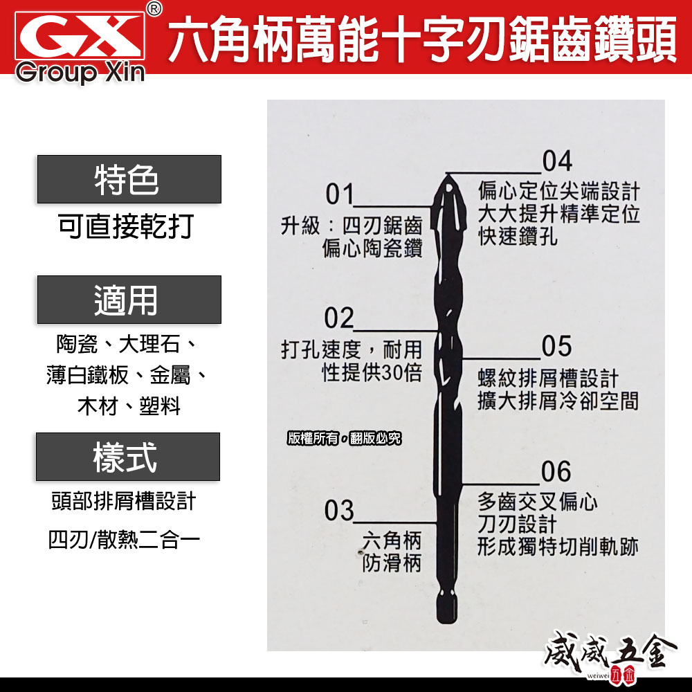 GX｜萬能十字刃鋸齒鑽頭｜可乾打｜六角柄鋸齒鑽尾 六角軸鑽瓷磚 木材 金屬｜3.2–12.7mm 鋸齒防滑