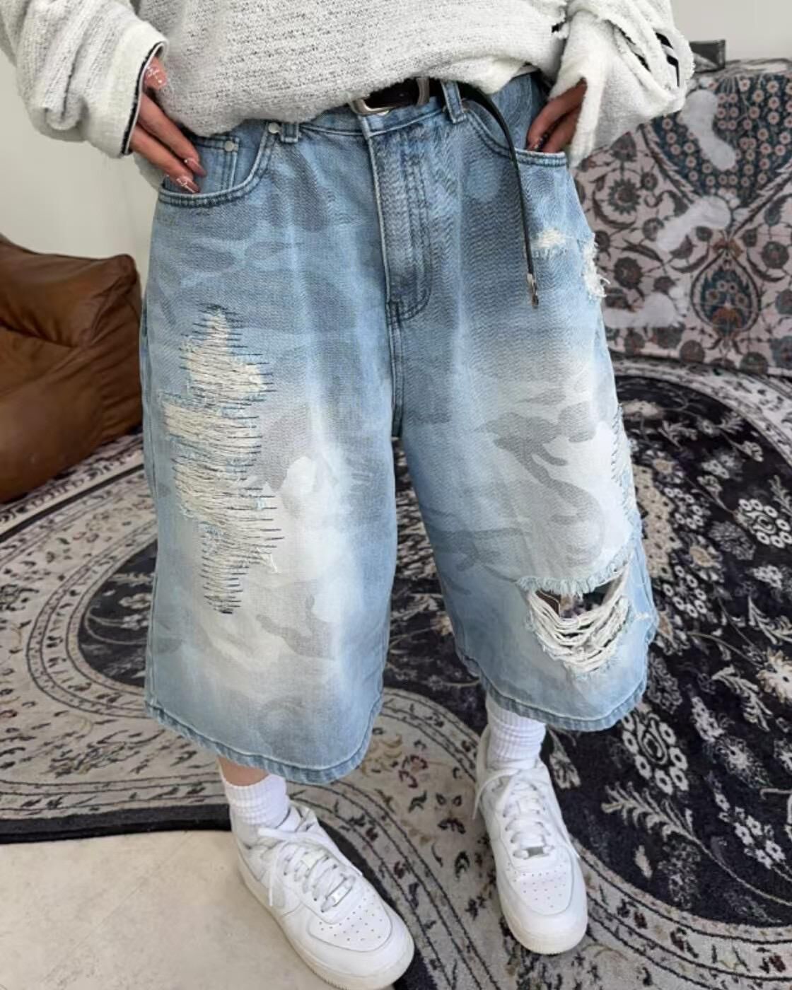 洗水迷彩破洞牛仔短褲 Seeot-041P