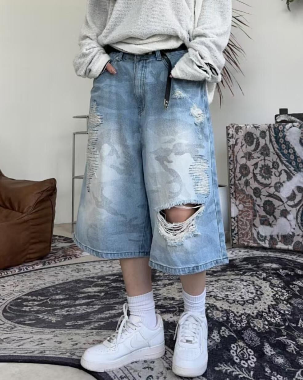 洗水迷彩破洞牛仔短褲 Seeot-041P