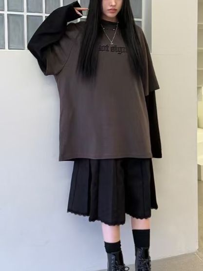 假兩件英文字長袖衫 Seeot-043T