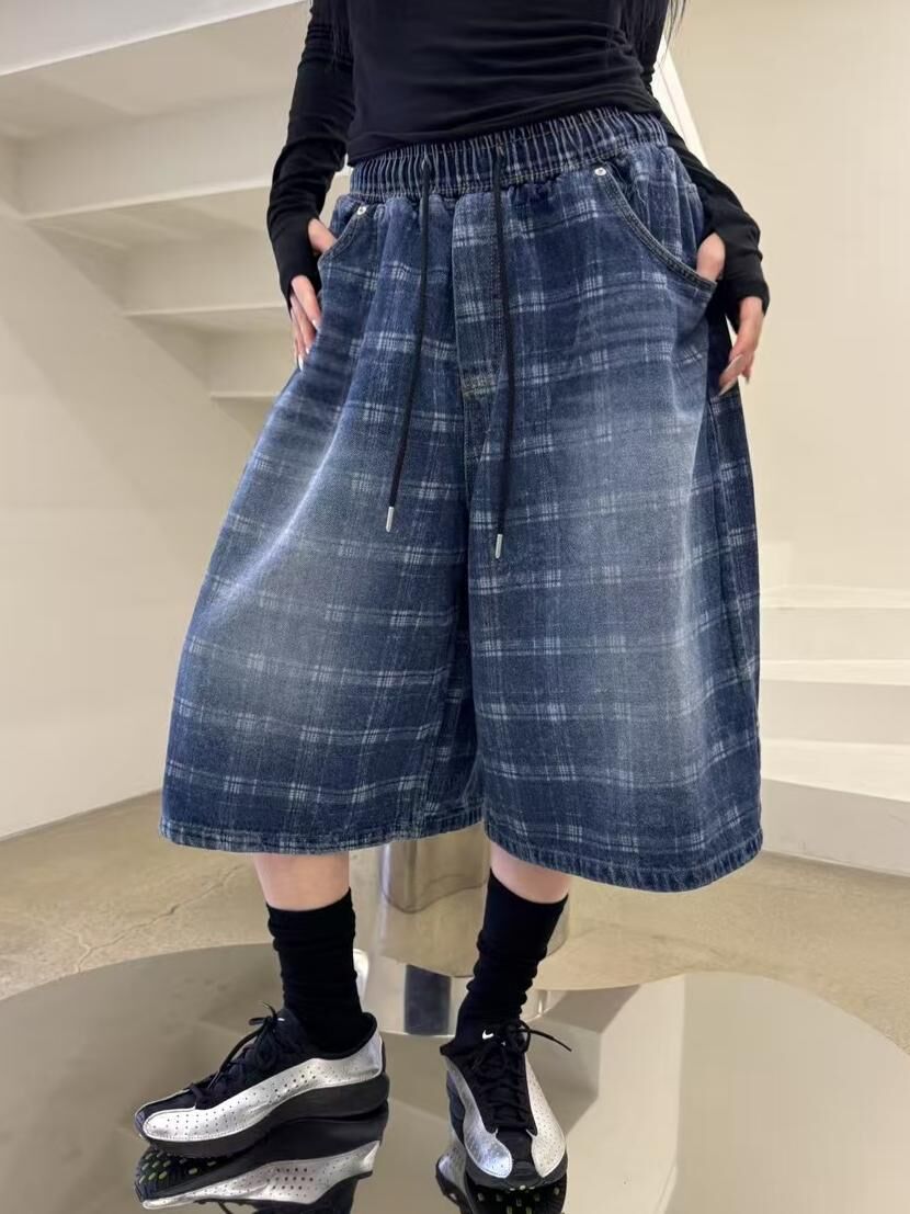 洗水格紋牛仔短褲 Seeot-045P