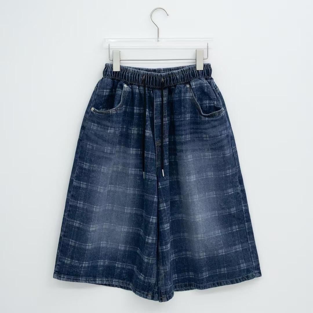 洗水格紋牛仔短褲 Seeot-045P