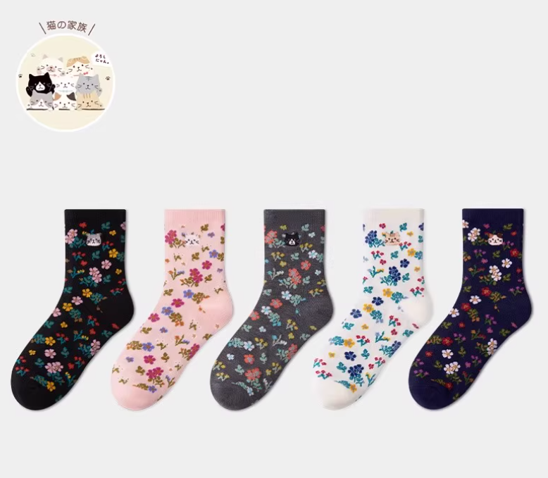 FukuFukuNyanko提花刺繡中筒襪