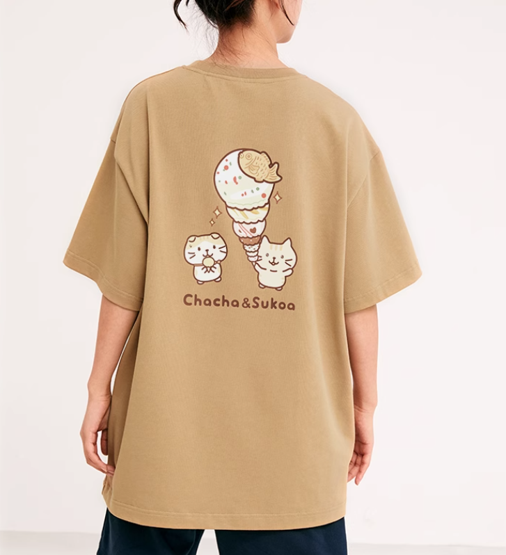 日系 FUKU 貓咪印花圓領棉短袖 TEE