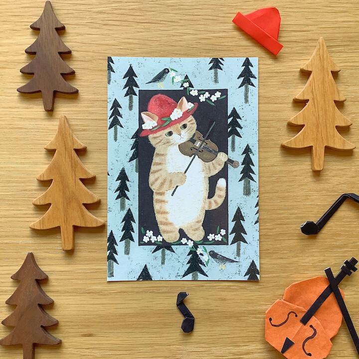 小提琴貓 貓咪繪本明信片｜日本 4legs