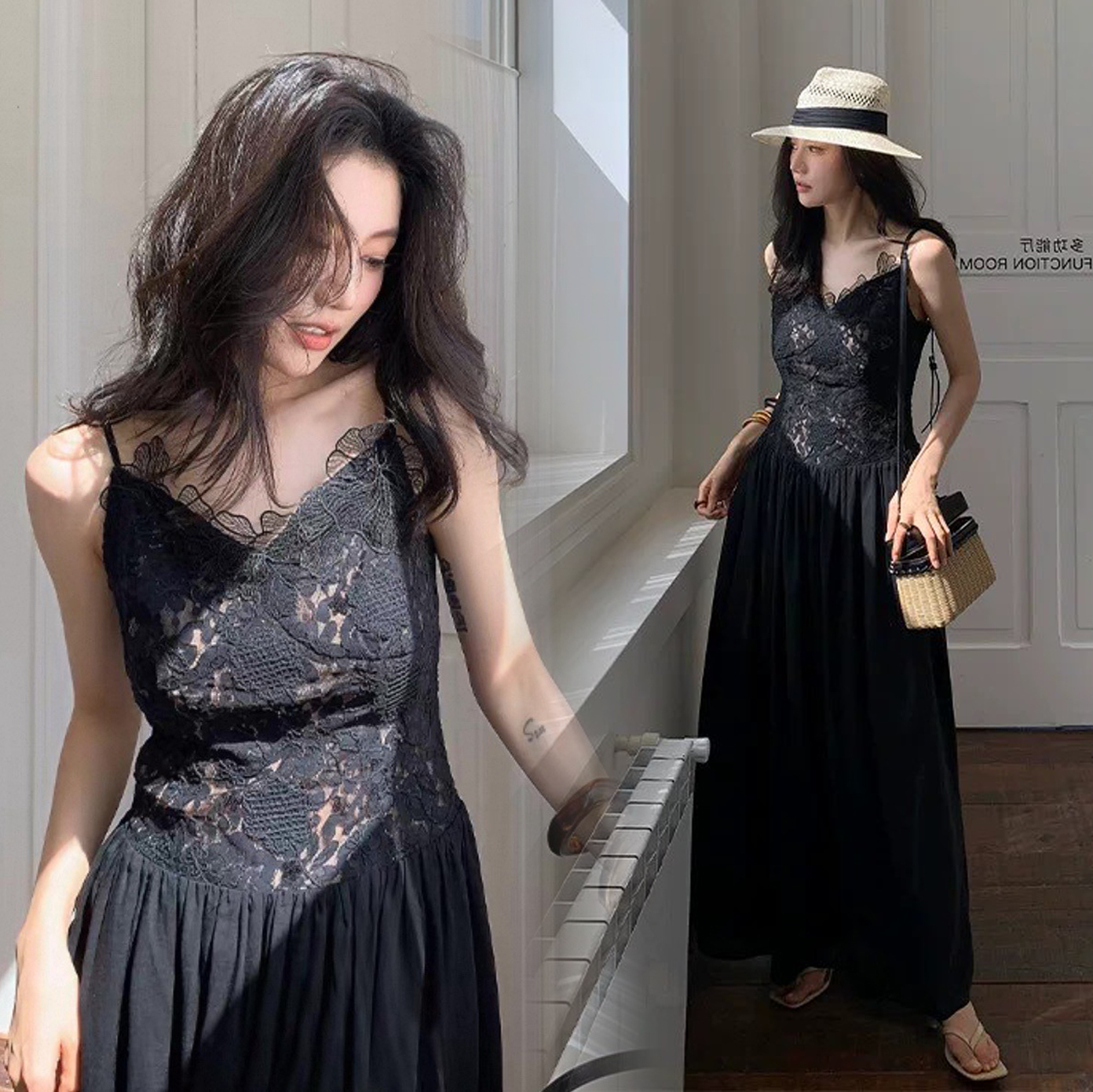 經典黑蕾絲滾邊細肩帶傘擺長洋裝S-L (Elegant & Love)