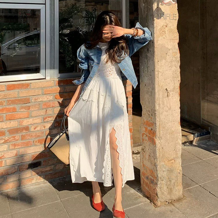 雲朵白蕾絲側開衩造型無袖傘擺長洋裝S-L (Elegant & Love)