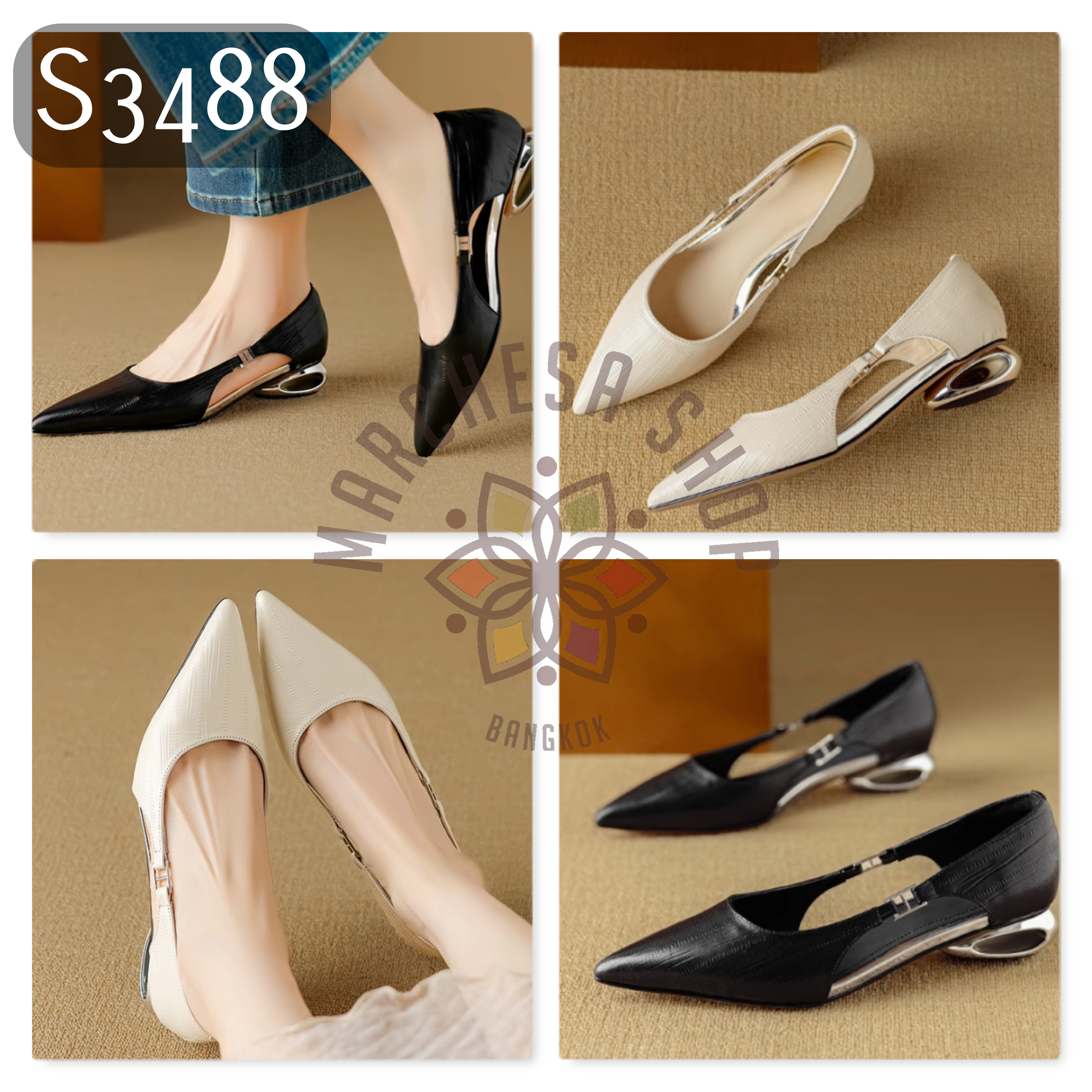 S3488 - 頭層小羊皮壓紋中空鏤空高踭鞋