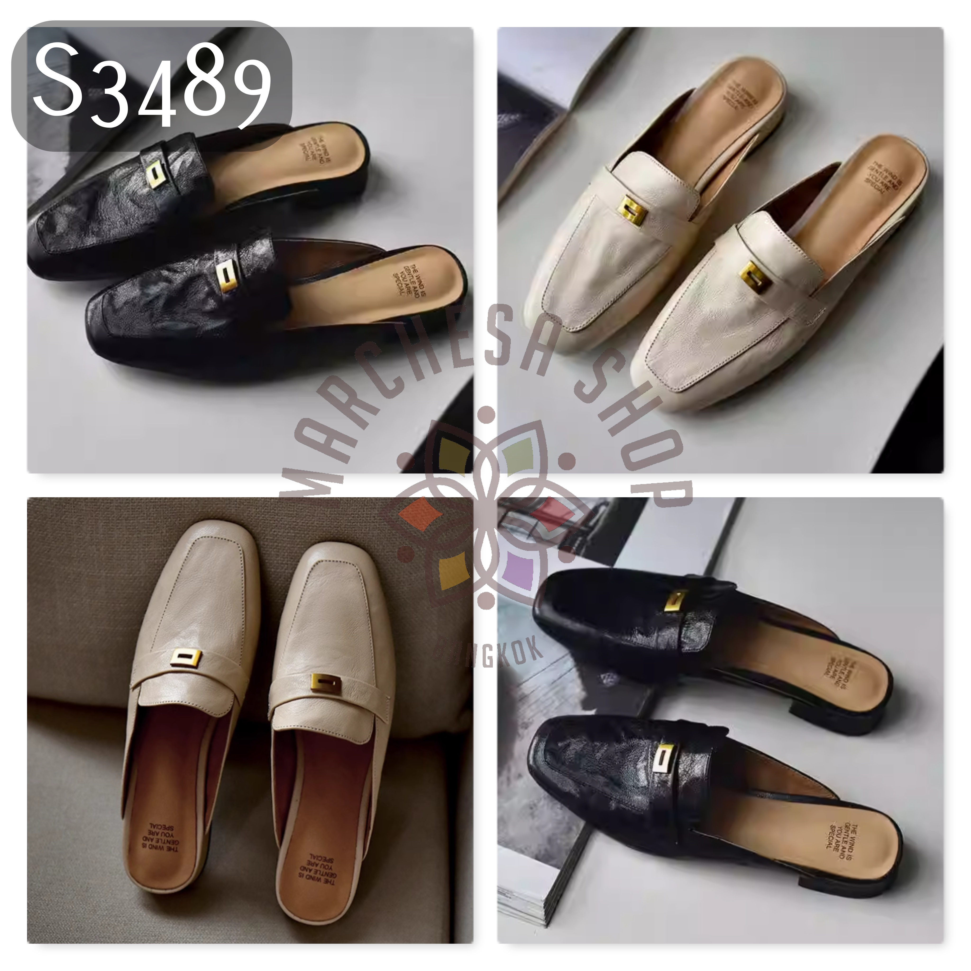 S3489 - 頭層小羊皮復古一字帶平底涼拖