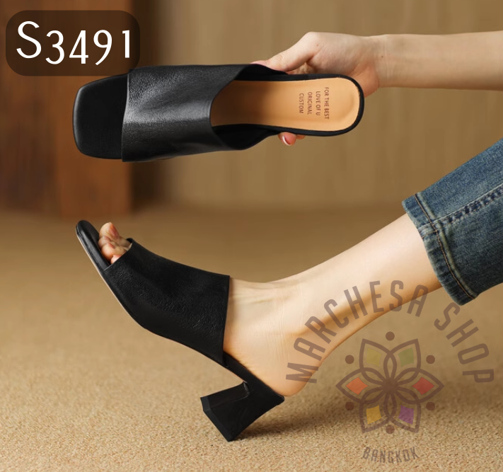 S3491 - 頭層小羊皮粗帶高踭涼鞋