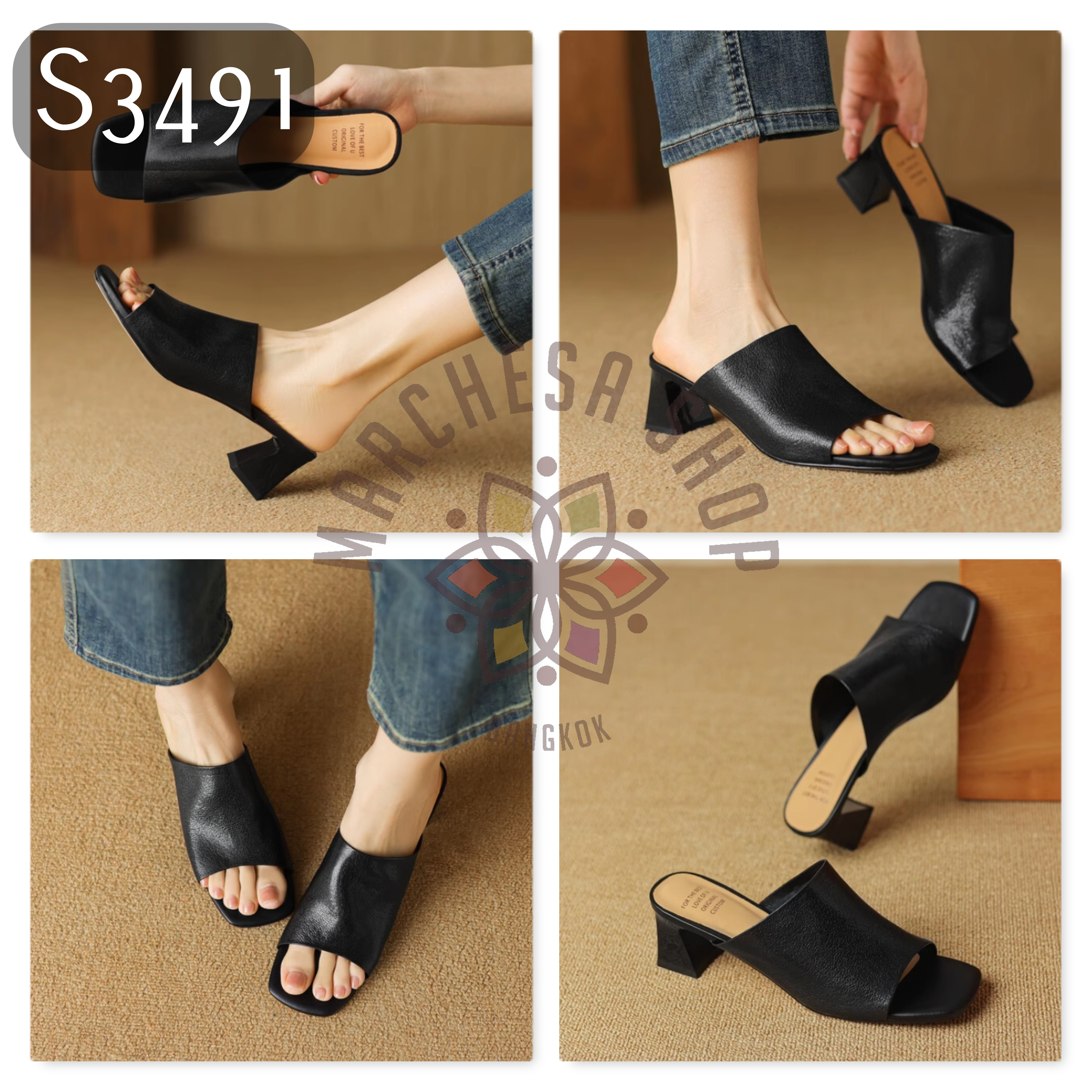 S3491 - 頭層小羊皮粗帶高踭涼鞋