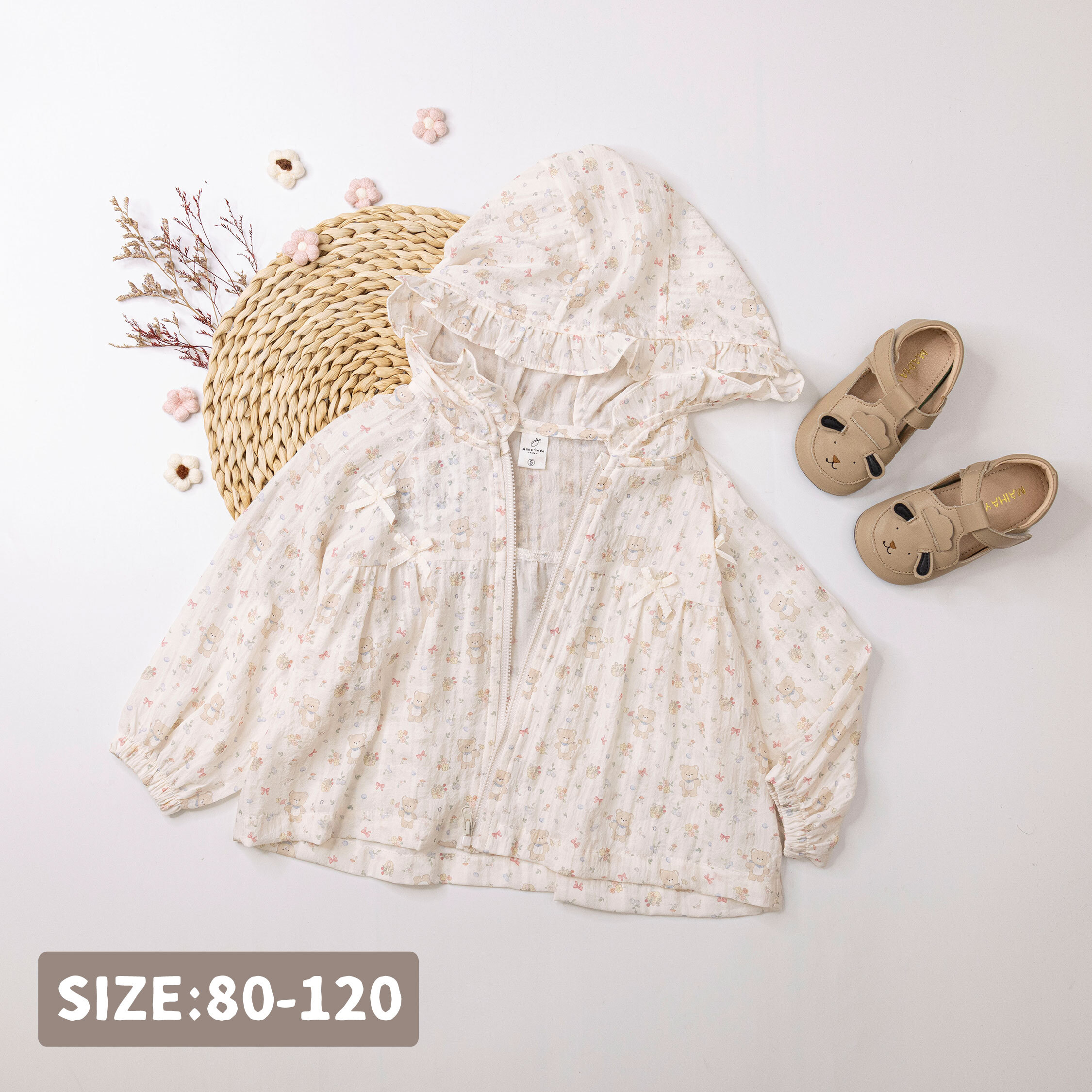 【H50283】花朵小熊蝴蝶結連帽外套