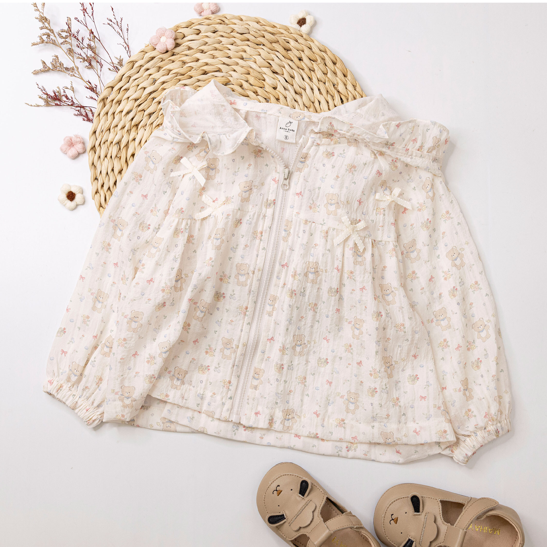 【H50283】花朵小熊蝴蝶結連帽外套