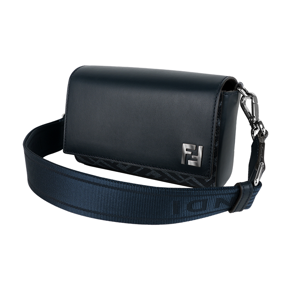 【FENDI】FF Squared 帆布及皮革翻蓋小郵差包(牛仔藍)7M0363 ASIC F1O97