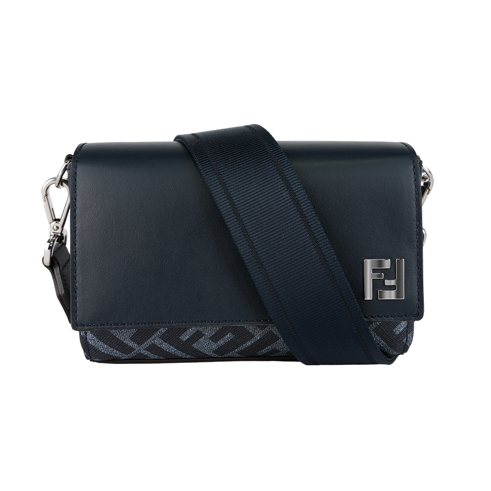 【FENDI】FF Squared 帆布及皮革翻蓋小郵差包(牛仔藍)7M0363 ASIC F1O97