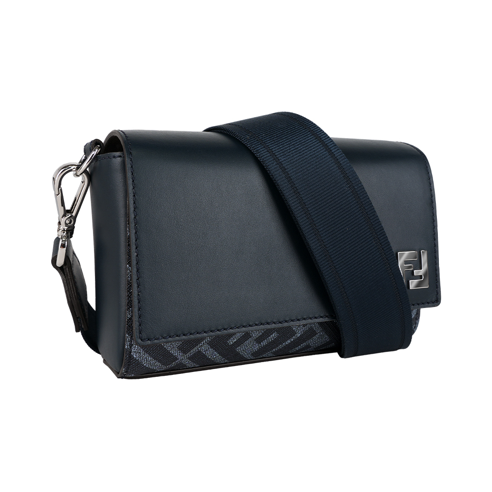 【FENDI】FF Squared 帆布及皮革翻蓋小郵差包(牛仔藍)7M0363 ASIC F1O97