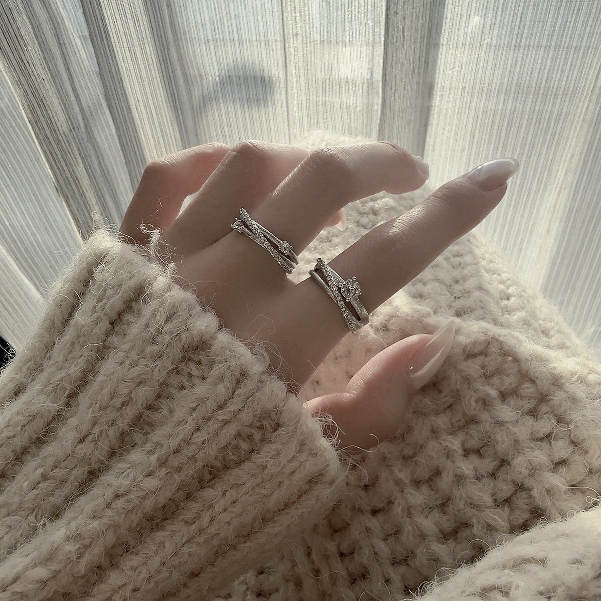 GY silver高級交織白金鑽拉絲開口戒系列