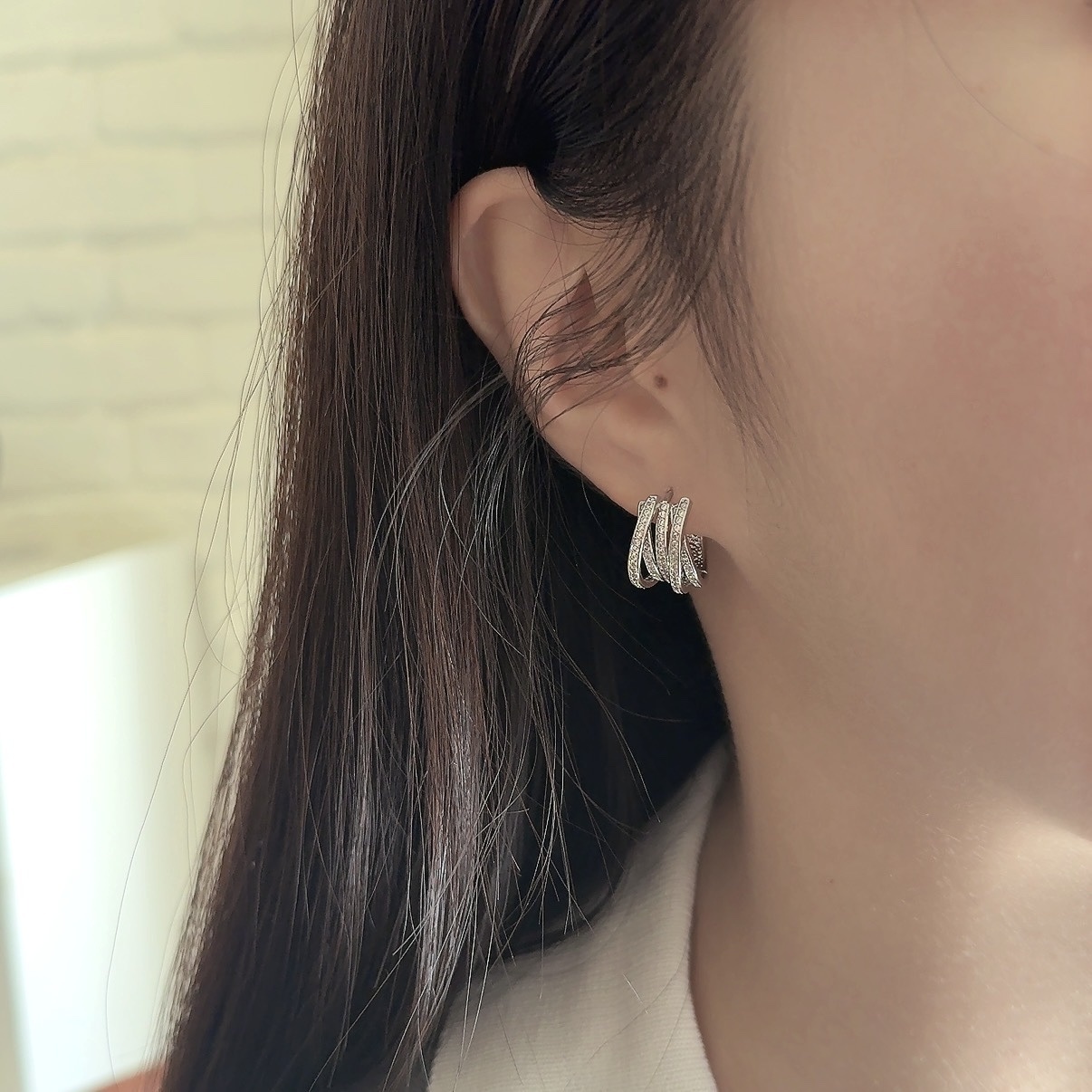 silver高級交織白金鑽”多層耳釦釘圈/現貨1