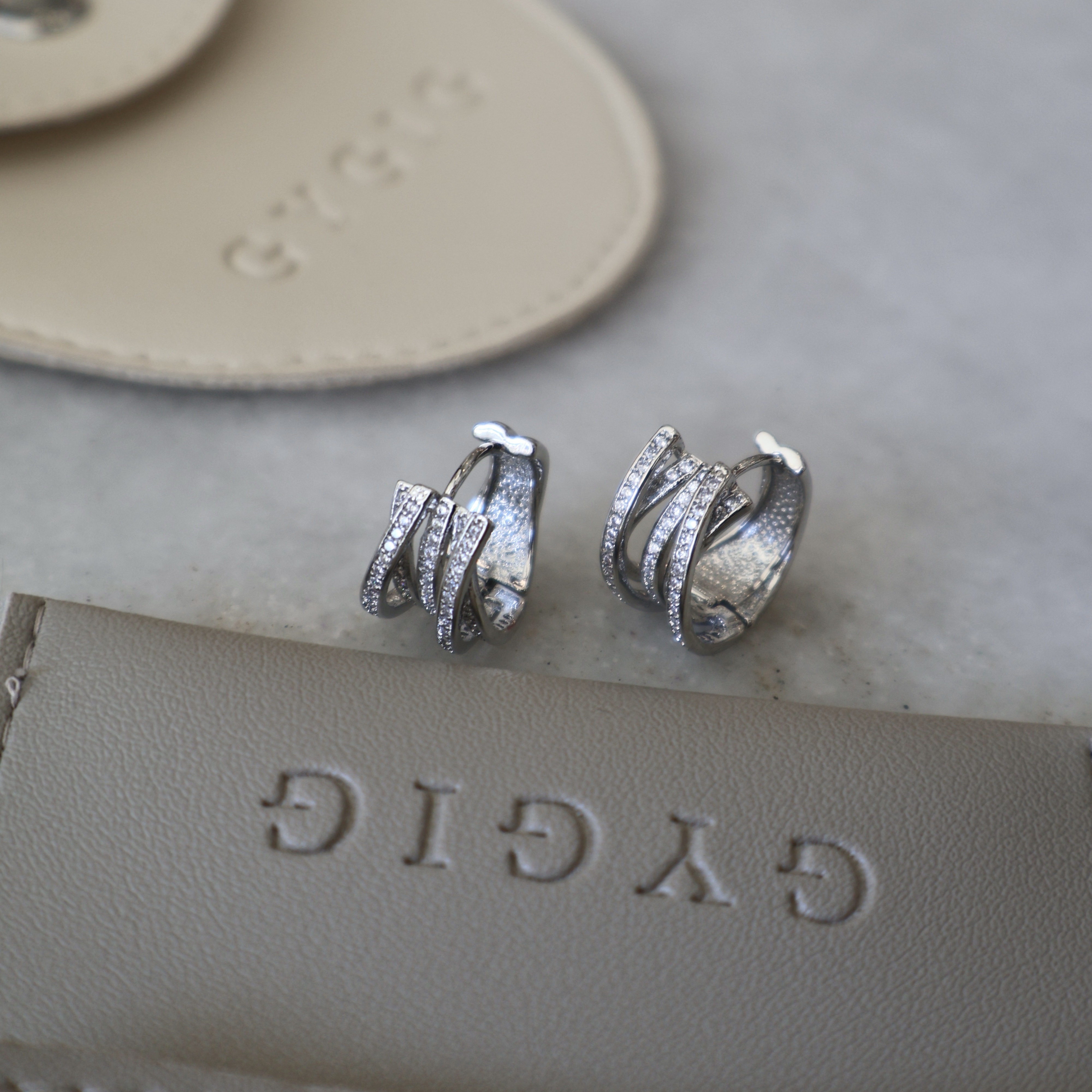 silver高級交織白金鑽”多層耳釦釘圈/現貨1