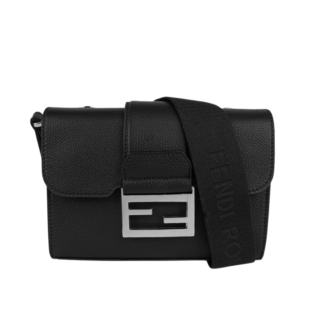 【FENDI】Double Baguette 銀釦粒紋皮革翻蓋及拉鍊斜背包(黑色)7VA649 APDR F0GXN