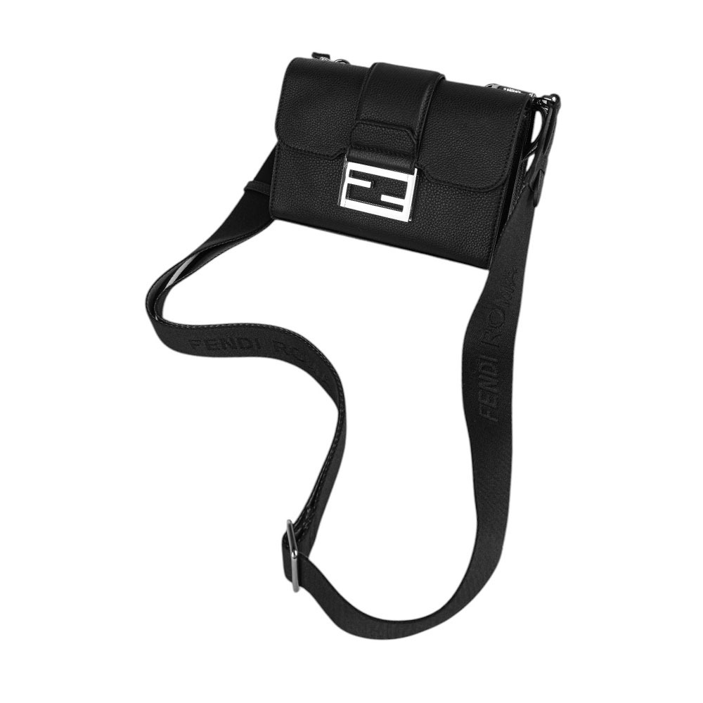 【FENDI】Double Baguette 銀釦粒紋皮革翻蓋及拉鍊斜背包(黑色)7VA649 APDR F0GXN