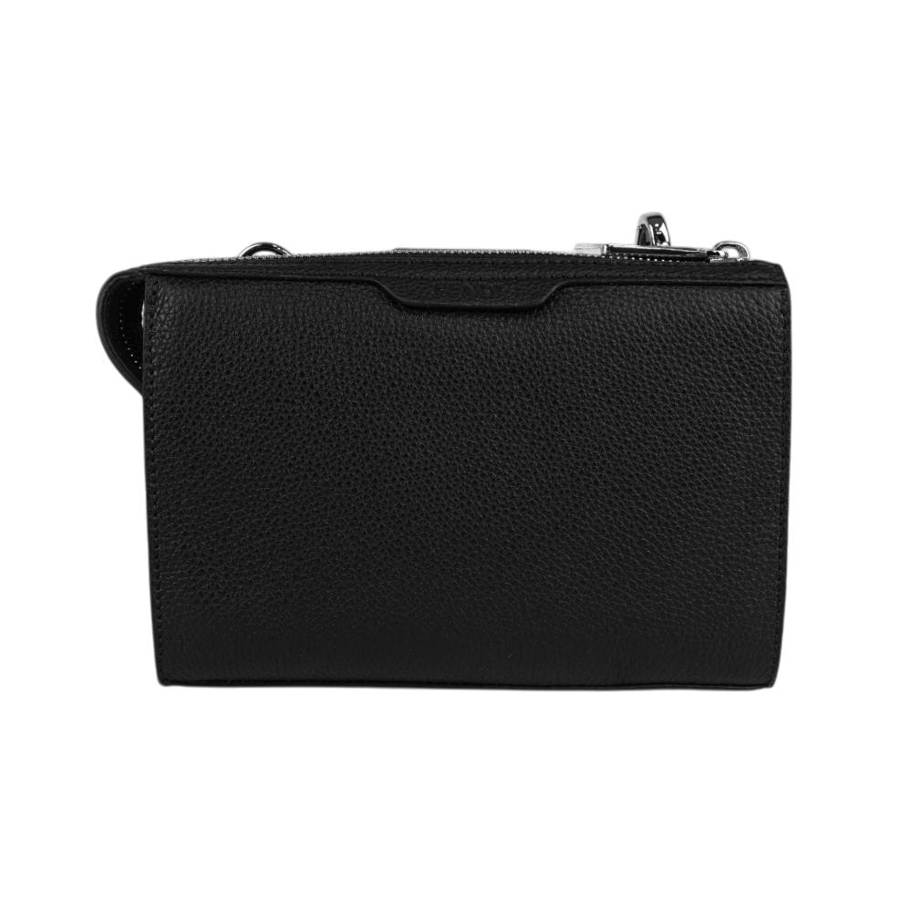 【FENDI】Double Baguette 銀釦粒紋皮革翻蓋及拉鍊斜背包(黑色)7VA649 APDR F0GXN