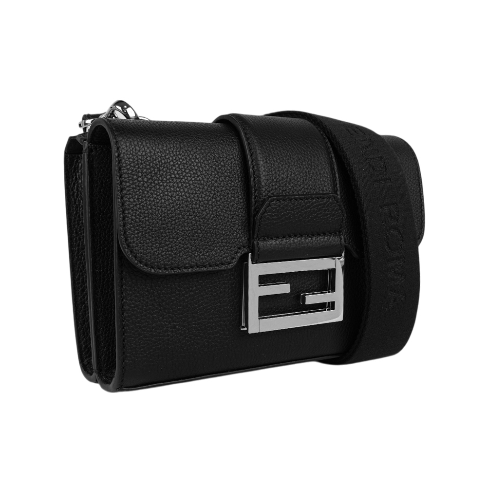 【FENDI】Double Baguette 銀釦粒紋皮革翻蓋及拉鍊斜背包(黑色)7VA649 APDR F0GXN