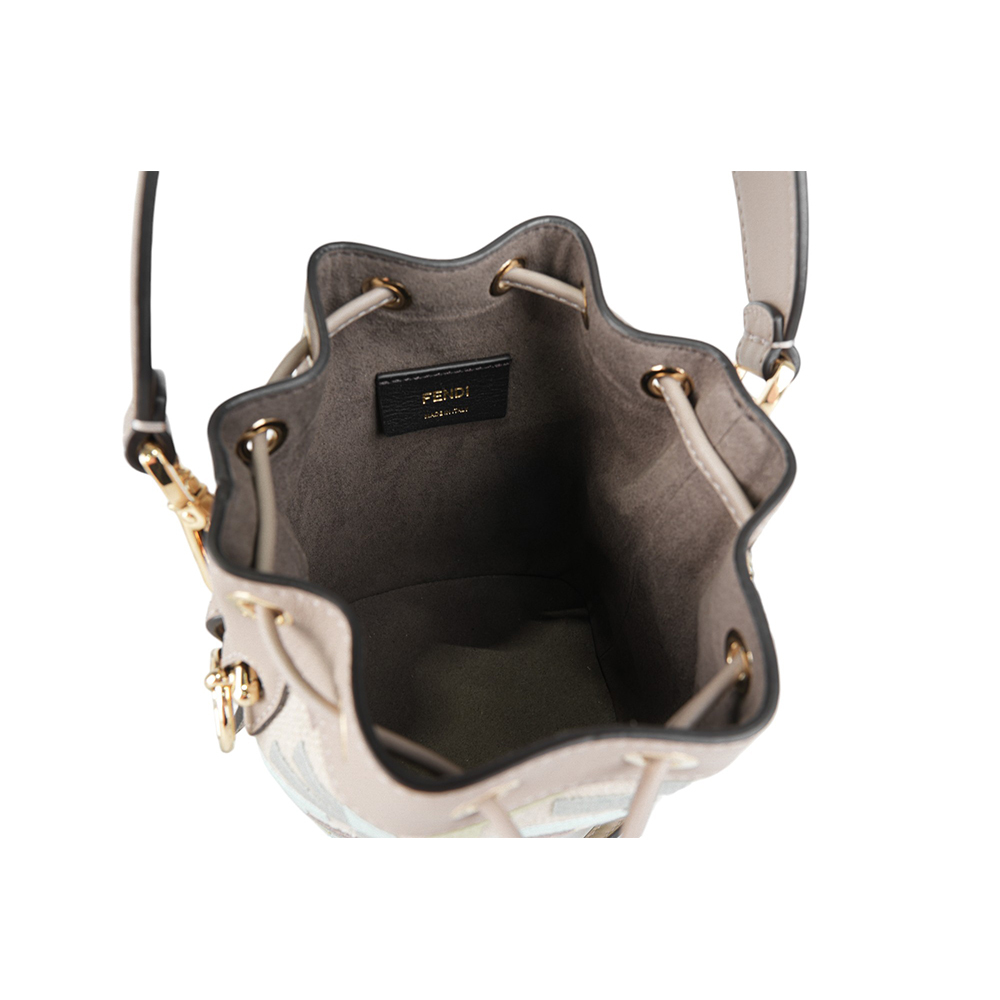 【FENDI】MON TRESOR 刺繡帆布及皮革二用迷你水桶包(抹茶綠/鴿灰色)8BS093 AUPI F1SKI