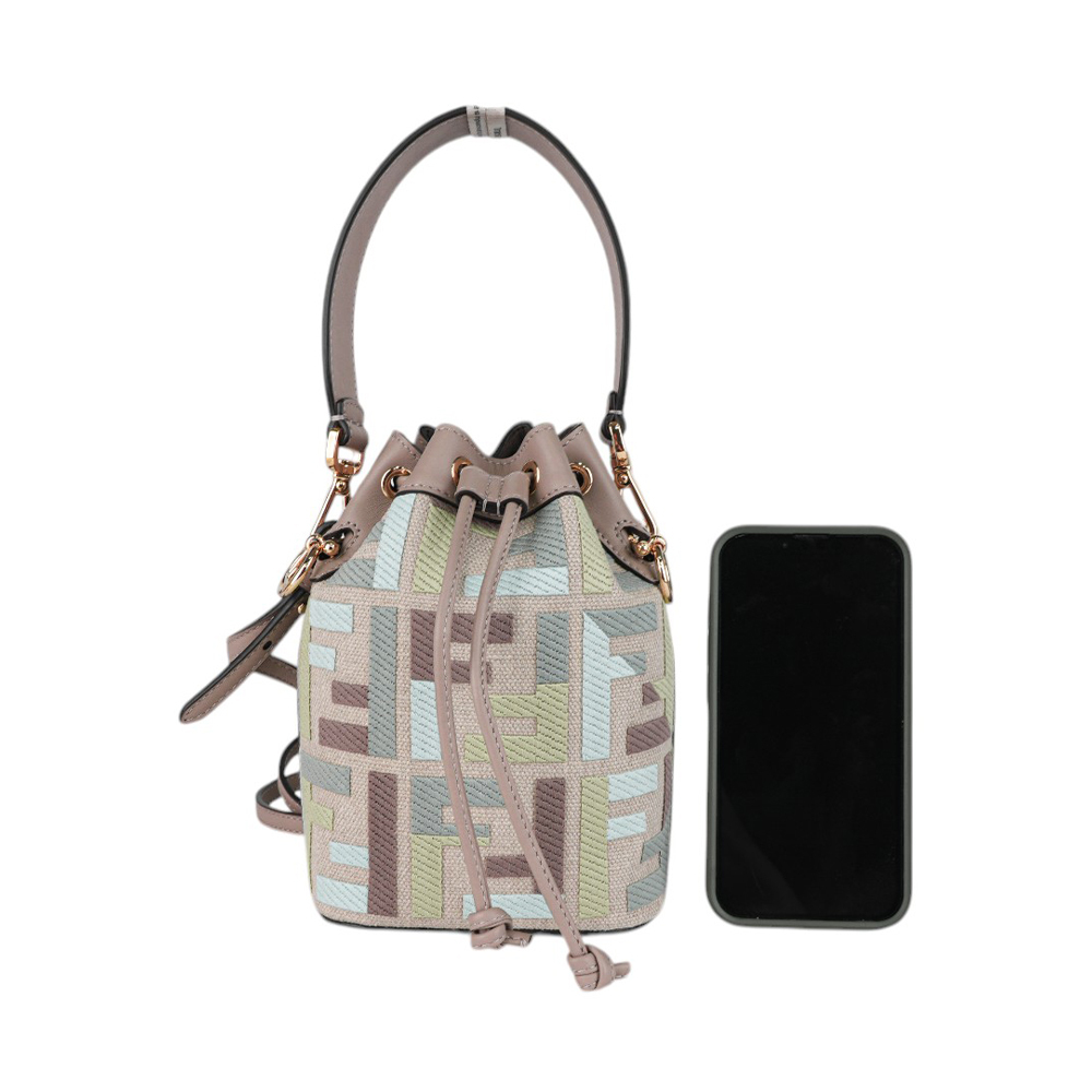 【FENDI】MON TRESOR 刺繡帆布及皮革二用迷你水桶包(抹茶綠/鴿灰色)8BS093 AUPI F1SKI