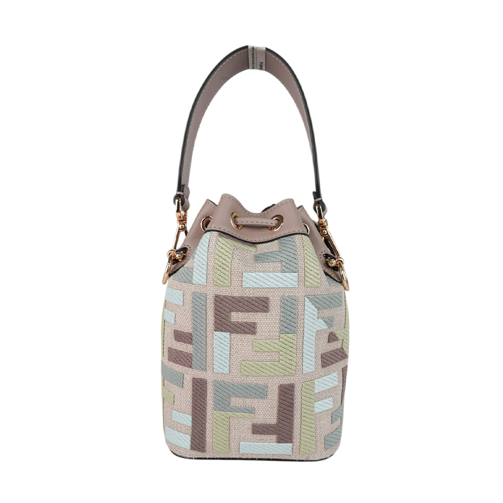 【FENDI】MON TRESOR 刺繡帆布及皮革二用迷你水桶包(抹茶綠/鴿灰色)8BS093 AUPI F1SKI