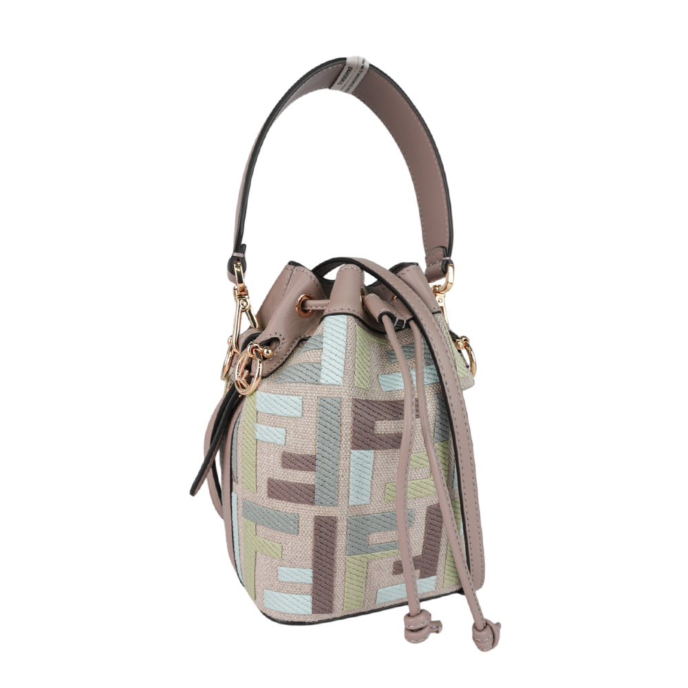 【FENDI】MON TRESOR 刺繡帆布及皮革二用迷你水桶包(抹茶綠/鴿灰色)8BS093 AUPI F1SKI