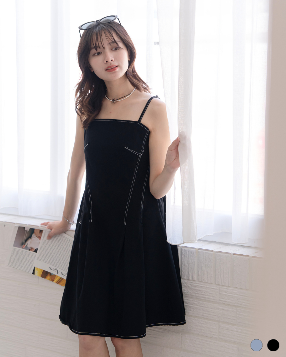 撞色打褶收腰傘襬短洋