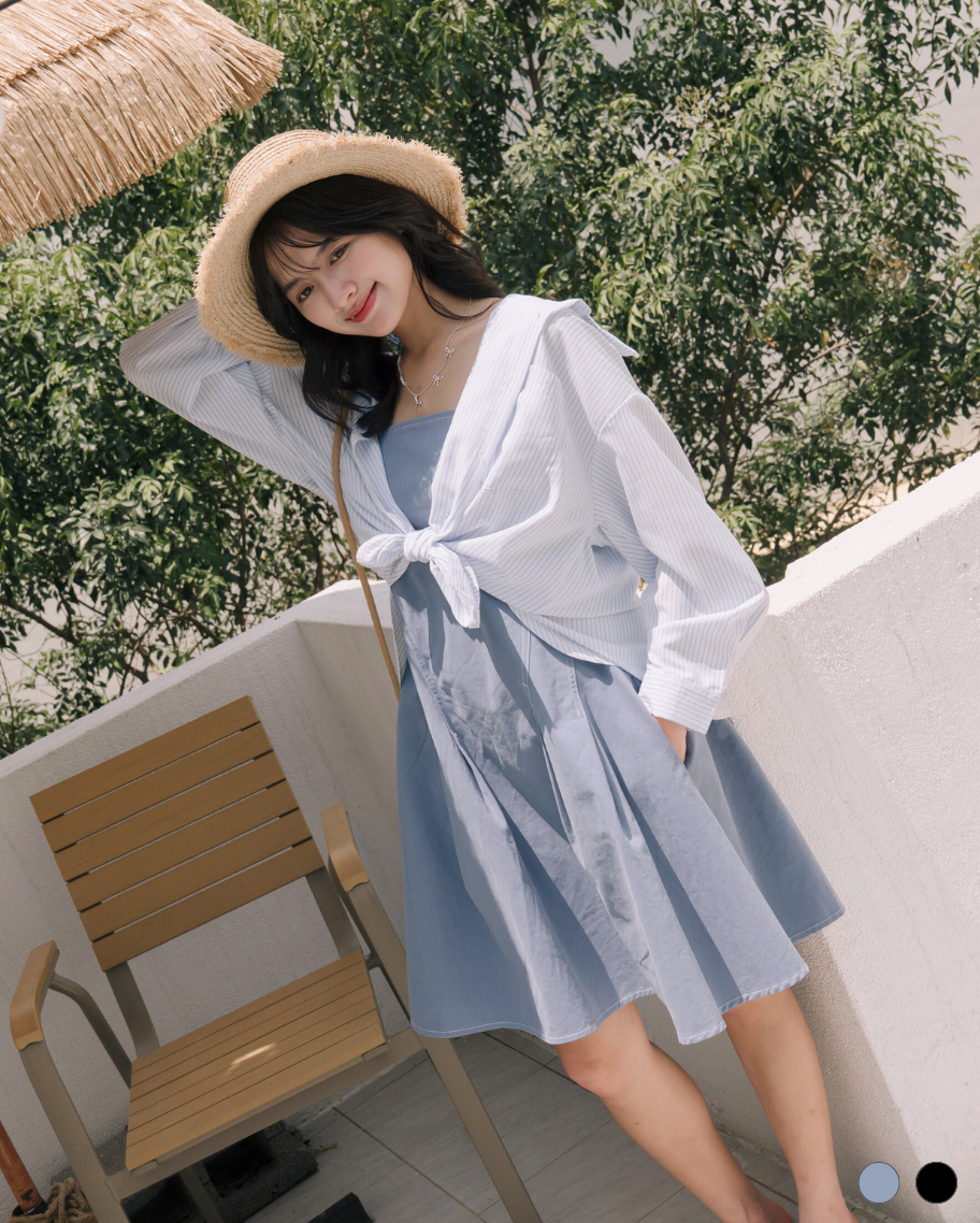 撞色打褶收腰傘襬短洋