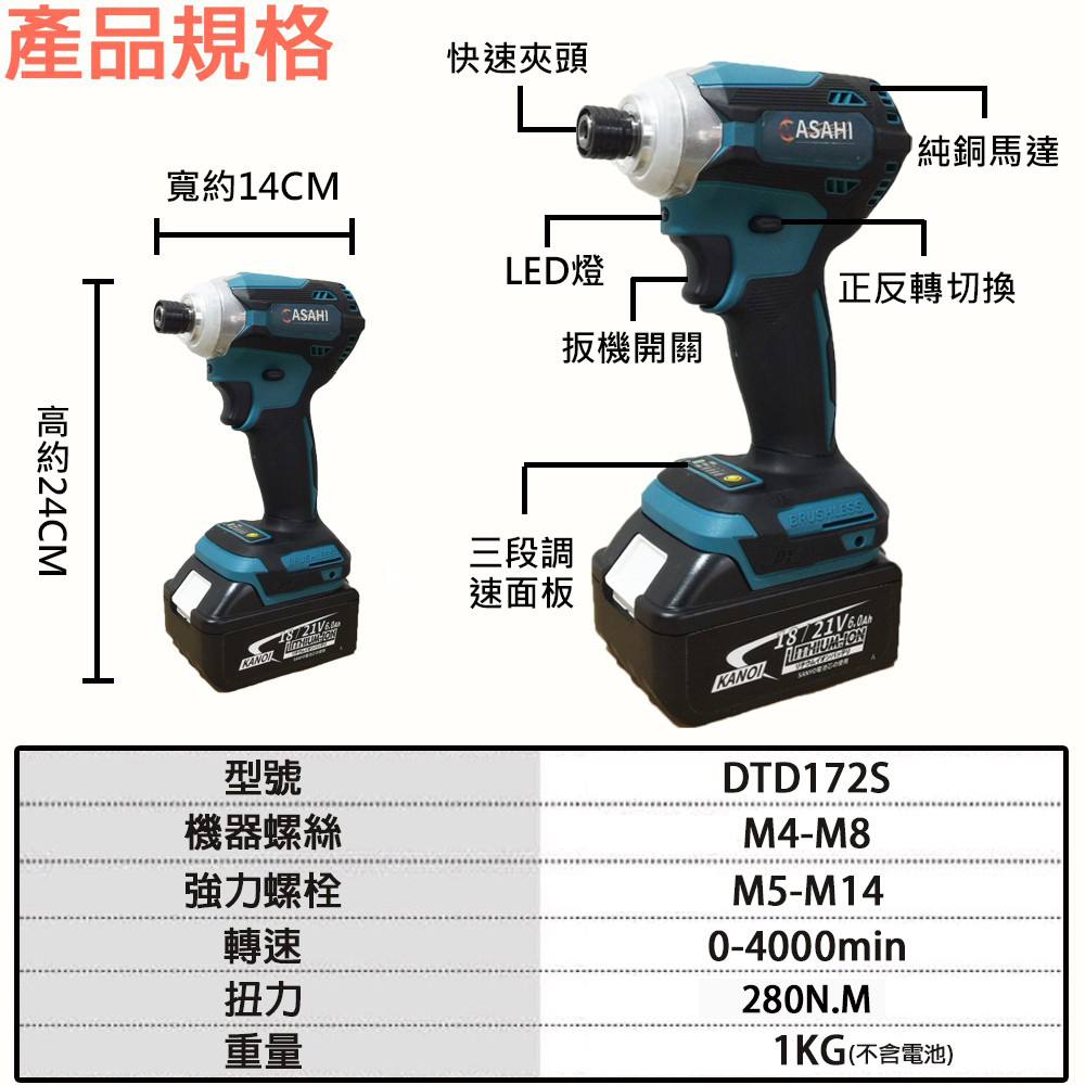 附發票｜DTD172S衝擊起子機｜ 鋰電無刷18V起子機短版調速通牧田電池 遇缺貨升級DTD173S