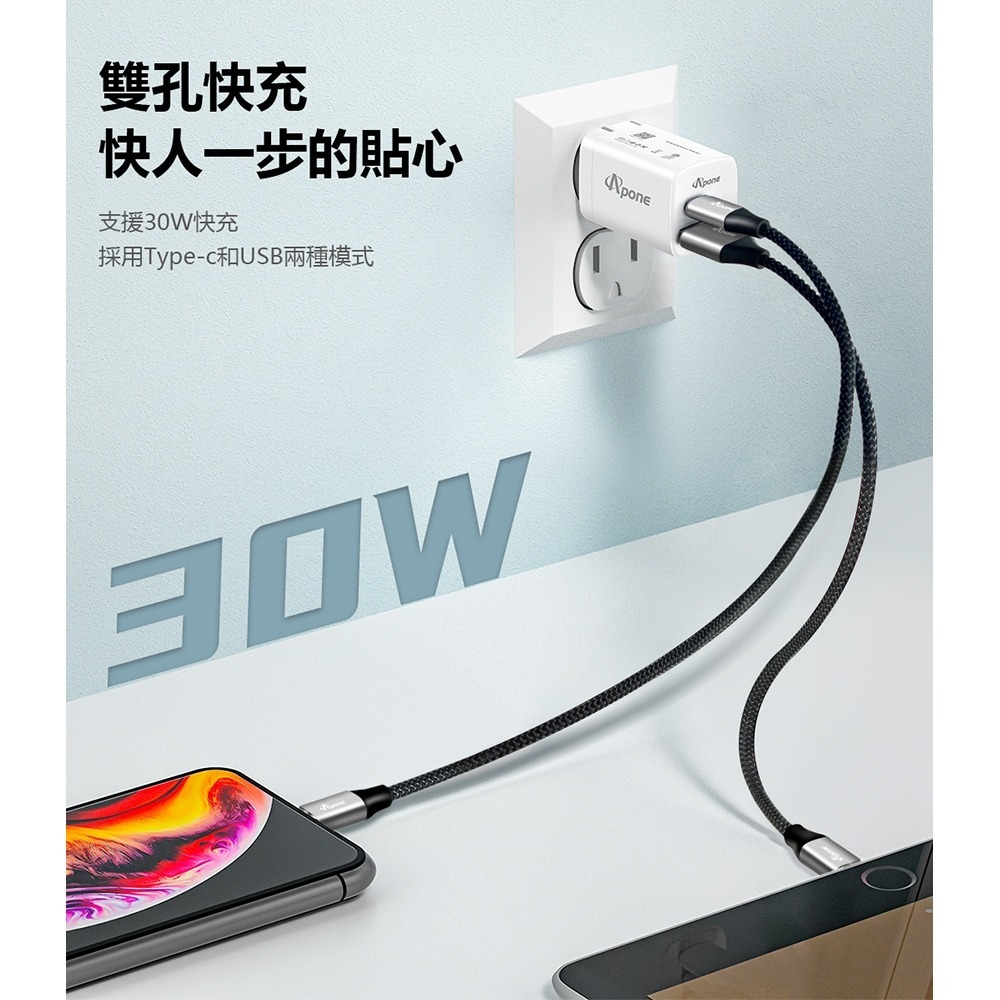【Apone】30W PD+QC 2孔 快充充電器 (APP-C1C1A)